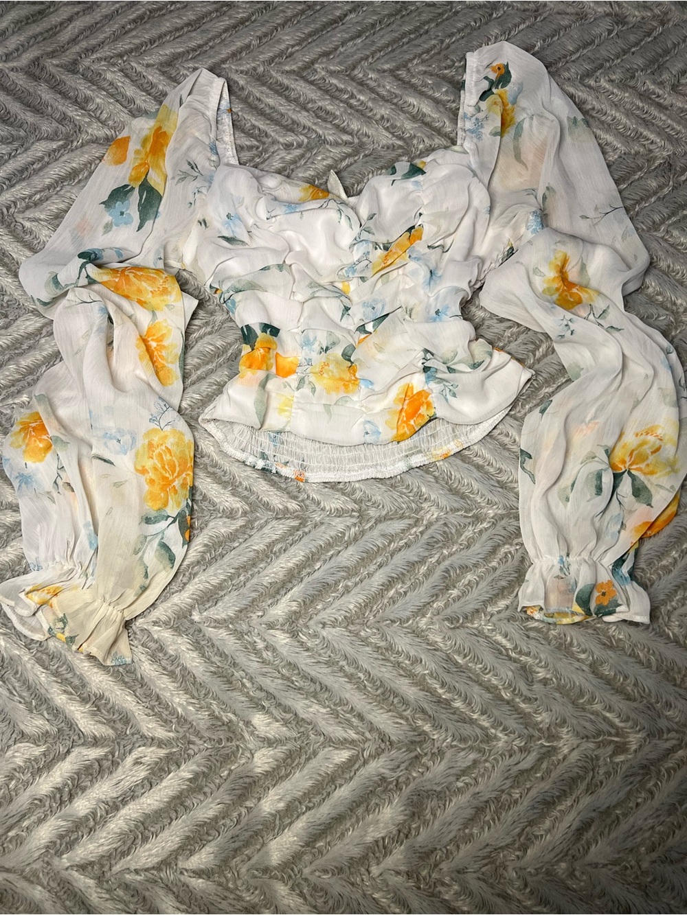 privy White Crop Top with Yellow Floral Print and Puff Sleeves